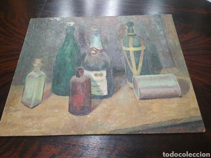 Arte: Cuadro al &oacute;leo sobre tabla. Bodeg&oacute;n con botellas - Foto 1