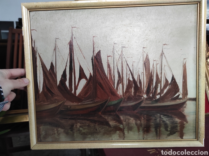 Art: Oleo sobre panel, marina, barcos. Buena factura. Firma ilegible. Enmarcado 40x33
