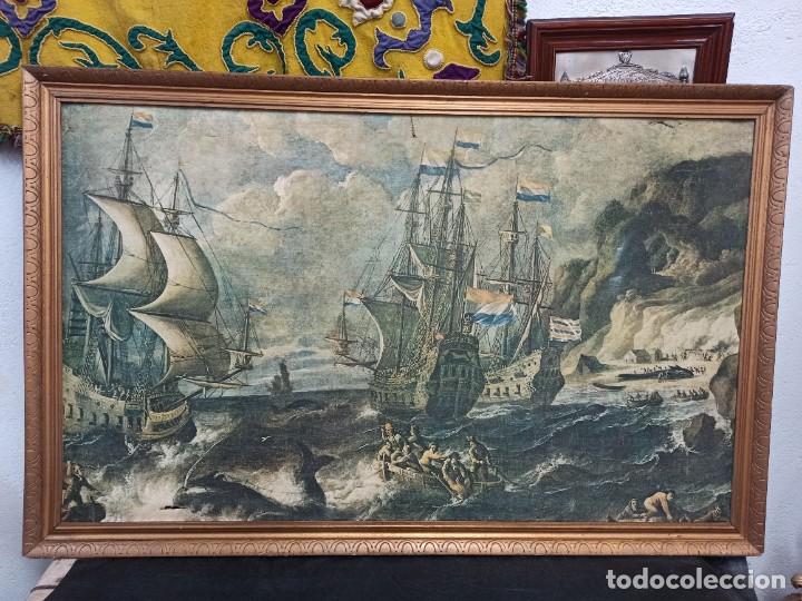 Arte: Escena naval. Pesca de ballenas. Balleneros holandeses. Lienzo gran tama&ntilde;o. PF