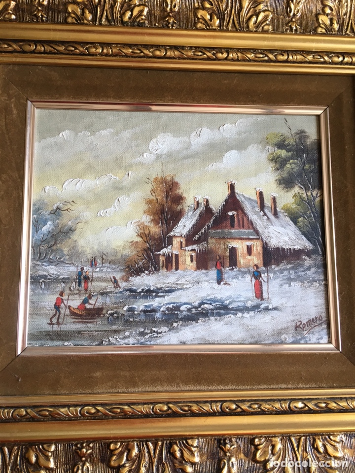 Arte: Pintura al &oacute;leo marco madera 48x53cm motivo paisaje navide&ntilde;o firmado x Romero