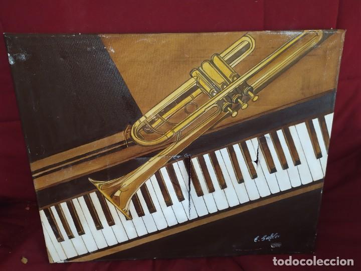 Arte: &Oacute;LEO LIENZO PIANO TROMPETA ? RESTAURAR FIRMADO E. SAHLER ? E. SABLER? SE AGRADECE INFORMACI&Oacute;N