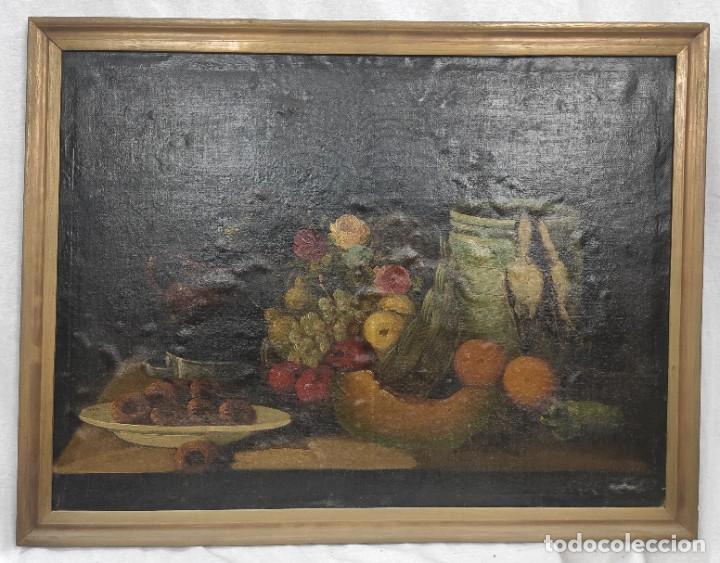 Arte: ”Bodegón” escuela española, de principios del siglo XIX. Óleo sobre lienzo. Sin firmar.