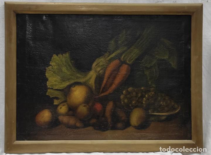 Arte: ”Bodegón” escuela española, de principios del siglo XIX. Óleo sobre lienzo. Sin firmar.