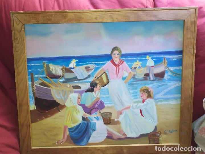 Arte: &Oacute;LEO SOBRE LIENZO MUJERES EN LA PLAYA FIRMADO C.VENTURA PESCADORES BARCAS MAR SE AGRADECE INFORMACI