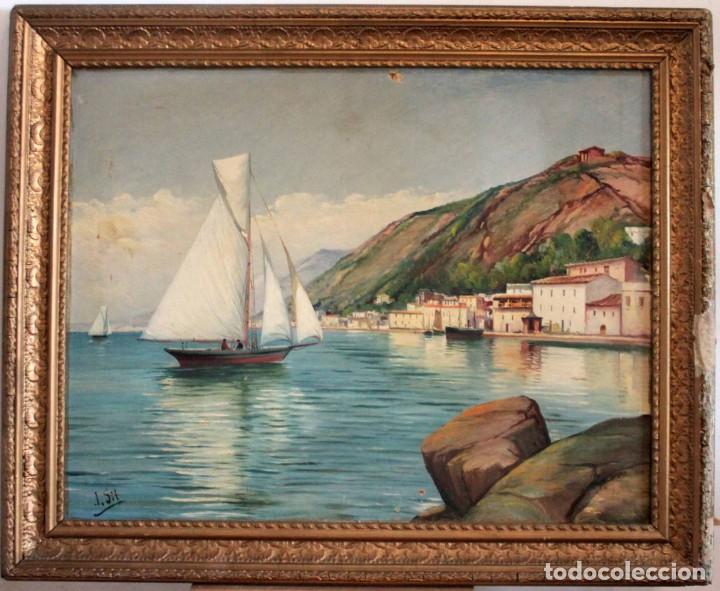 Arte: Joan Gil i Gil (1900-1984)Atr, -Vista de pueblo costero. Oleo/lienzo. Con marco 76x61cm - Foto 1 - 286657318