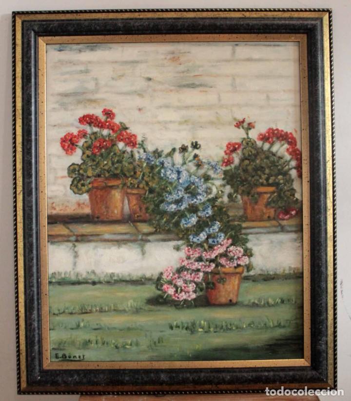Arte: E. BONET, macetas con flores, oleo sobre lienzo. Enmarcado 48x41cm - Foto 1 - 286689038