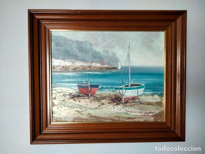Arte: Cuadro &Oacute;leo sobre Tabla Enmarcado. Paisaje Marinero. Firmado. A&ntilde;os 60