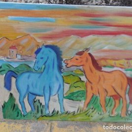 Caballos en el Sabinar, óleo sobre lienzo en bastidor 50x70 cm. ,autor Crespo