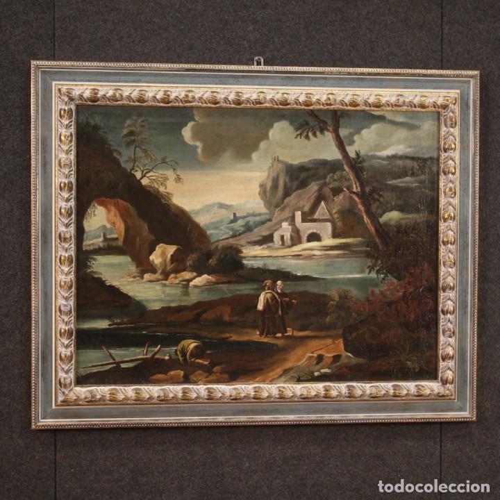 Arte: Pintura antigua de paisaje con personajes del siglo XVIII. - Foto 10 - 294176648