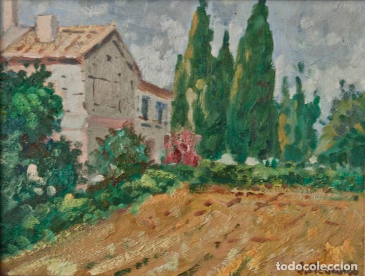 Arte: Casa con cipreses, &oacute;leo sobre tabla, con su marco - Foto 1