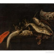Arte: ISAAC VAN DUYNEN ”FISH STILL LIFE WITH A CAT”. Lote 299776908