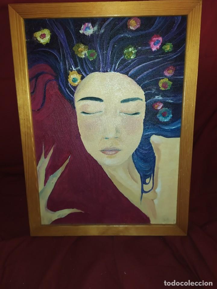 Arte: &Oacute;LEO SOBRE LIENZO MUJER DURMIENDO PESADILLA? MANO AFILADA FLORES PELO RARO SIN FIRMA APARENTE
