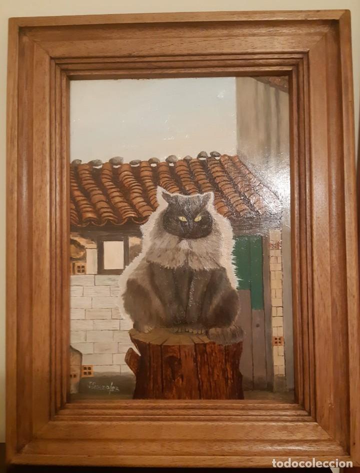 Arte: Cuadro Gato sobre paisaje. Oleo sobre tabla - Foto 1