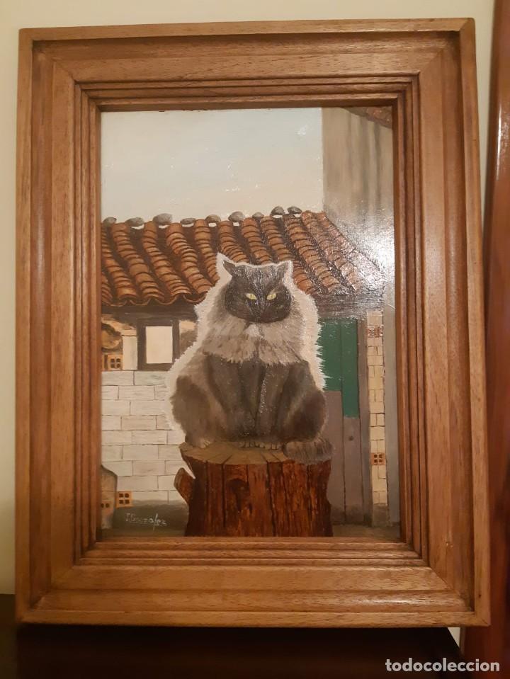Arte: Cuadro Gato sobre paisaje. Oleo sobre tabla - Foto 3