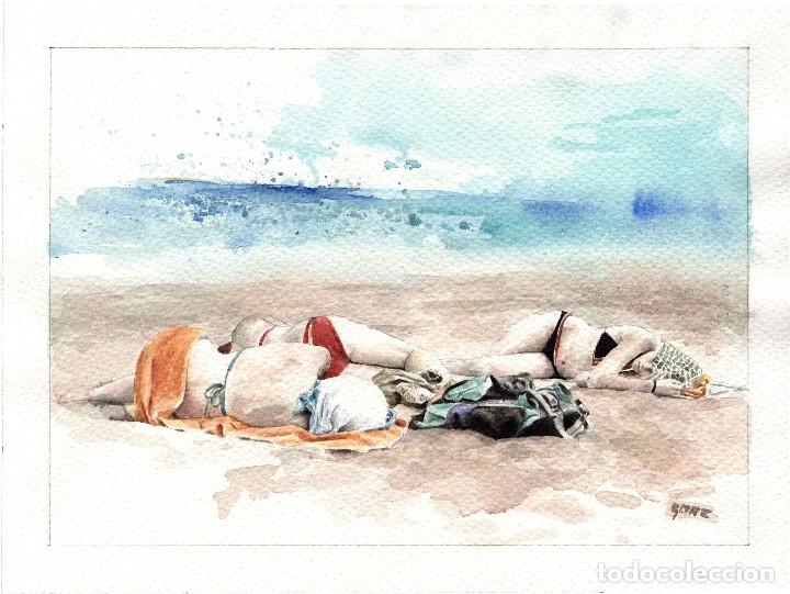 Arte: Acuarela original - siesta en la playa - Foto 1
