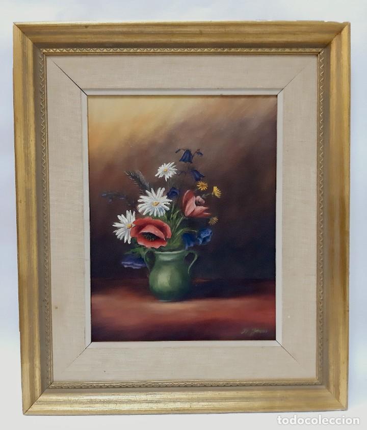 Arte: Vintage Pintura al &oacute;leo original sobre lienzo, jarr&oacute;n de flores, firmada