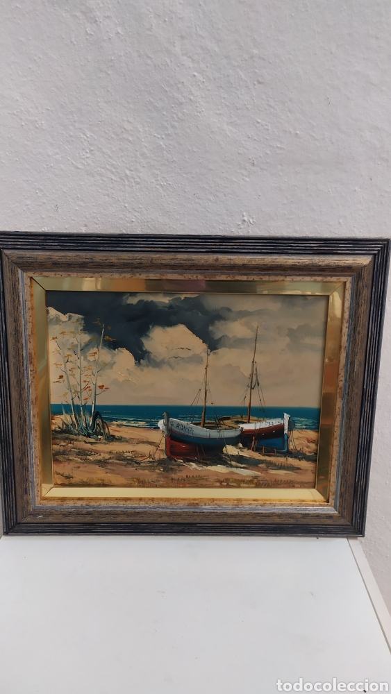 Arte: Cadro oleo en lienzo barcas en la playa - Foto 2