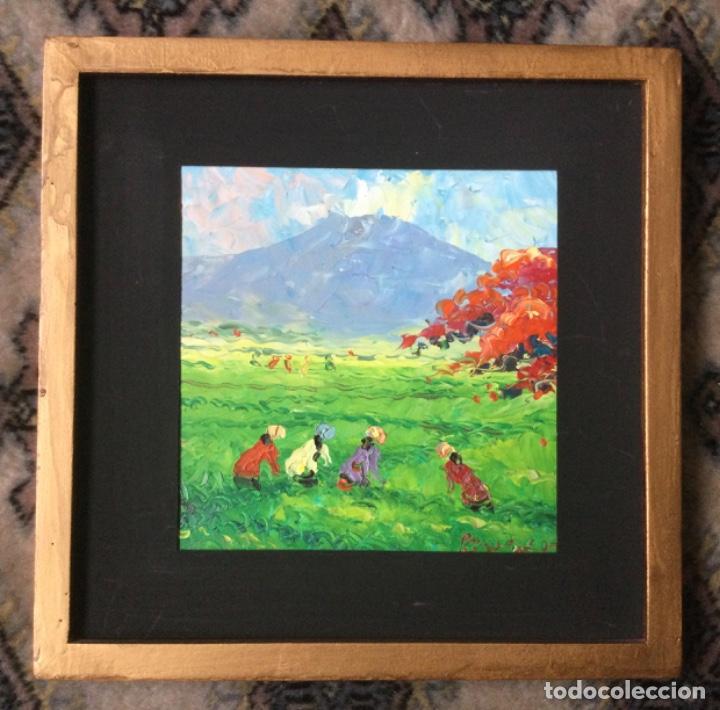 Arte: OLEO SOBRE TABLA, PAISAJE CAMPESINOS CHINOS FIRMADO