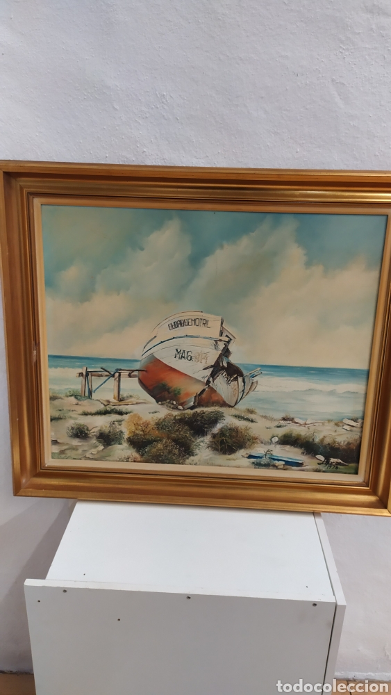 Arte: cuadro lienzo oleo Barco abandonado en playa - Foto 2