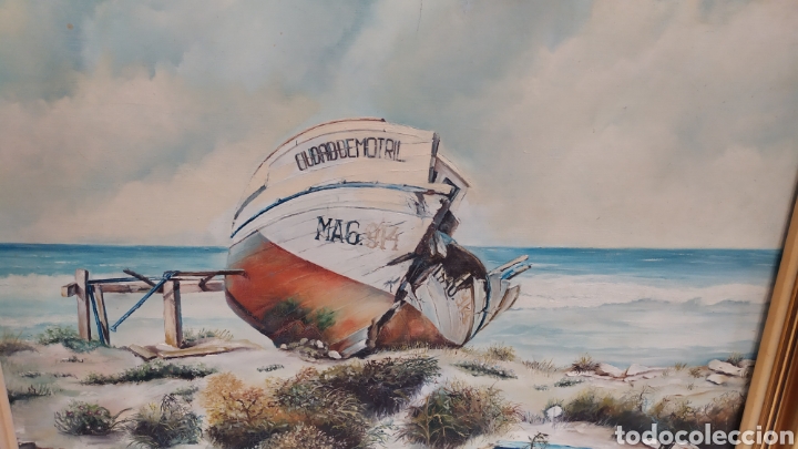 Arte: cuadro lienzo oleo Barco abandonado en playa - Foto 3