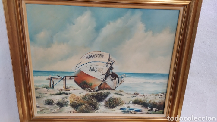 Arte: cuadro lienzo oleo Barco abandonado en playa - Foto 1