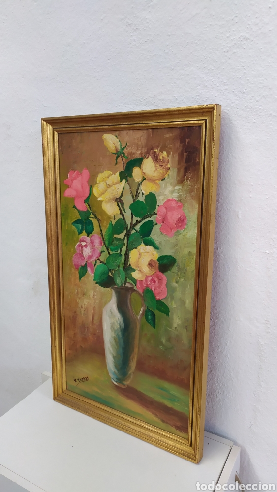 Arte: Cuadro pintado sobre tabla jarr&oacute;n con flores - Foto 2