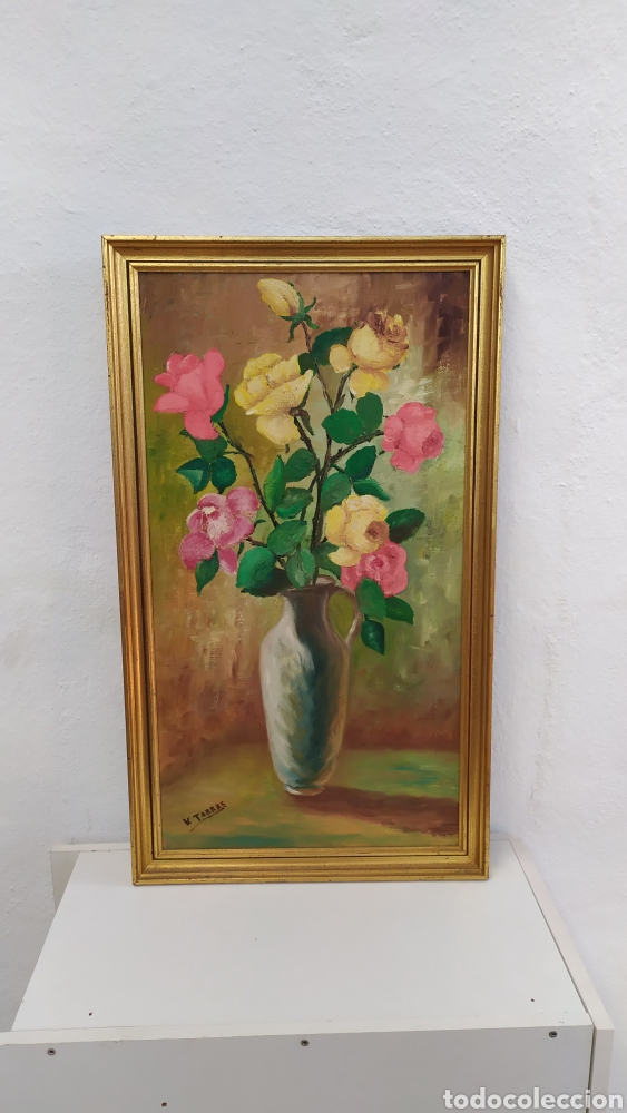 Arte: Cuadro pintado sobre tabla jarr&oacute;n con flores - Foto 1