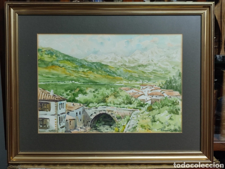 Arte: Cuadro acuarela Jos&eacute; Puchades Ortiz paisaje con puente