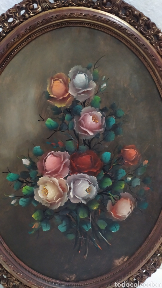 Arte: Cuadro Flores antiguo ovalado &oacute;leo en tabla - Foto 1