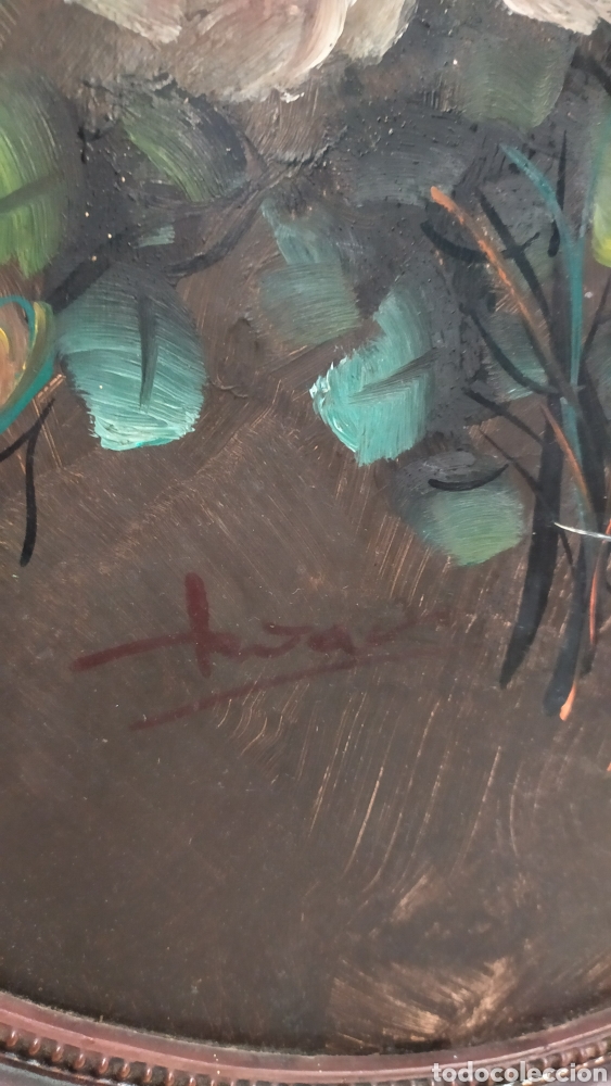 Arte: Cuadro Flores antiguo ovalado &oacute;leo en tabla - Foto 3