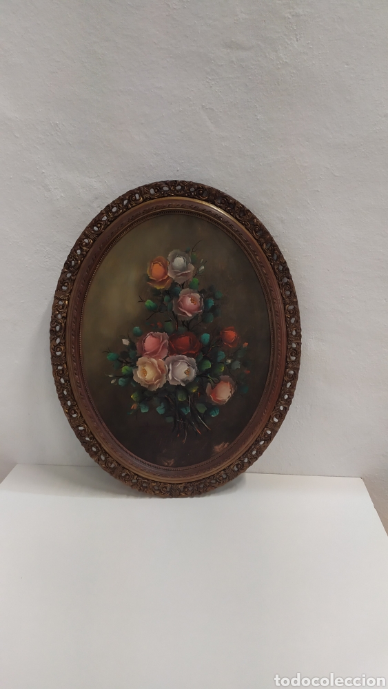 Arte: Cuadro Flores antiguo ovalado &oacute;leo en tabla - Foto 4