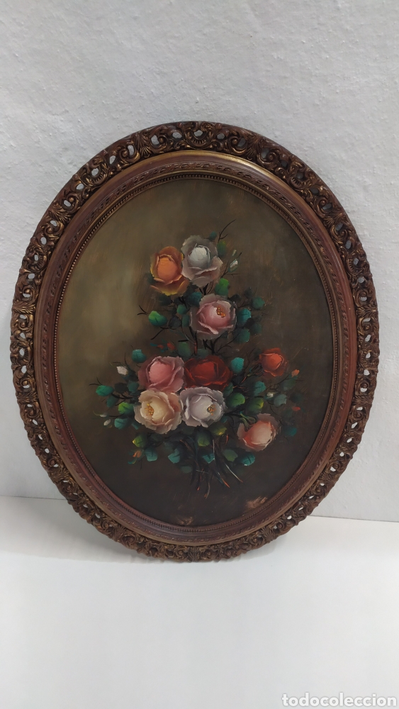 Arte: Cuadro Flores antiguo ovalado &oacute;leo en tabla - Foto 6