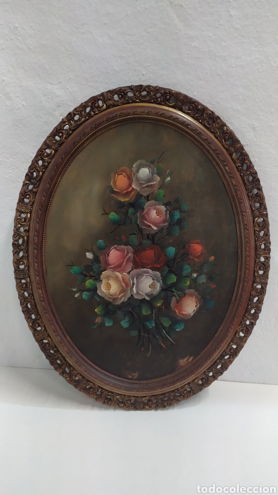 Arte: Cuadro Flores antiguo ovalado &oacute;leo en tabla - Foto 2