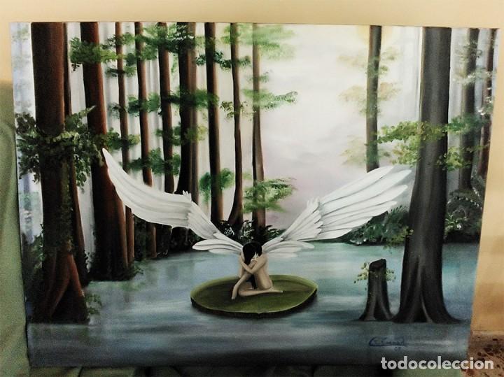 Arte: CUADRO OLEO SOBRE TELA ANGEL EN BOSQUE FIRMA NO RECONOCIDA MIDE 61 CM