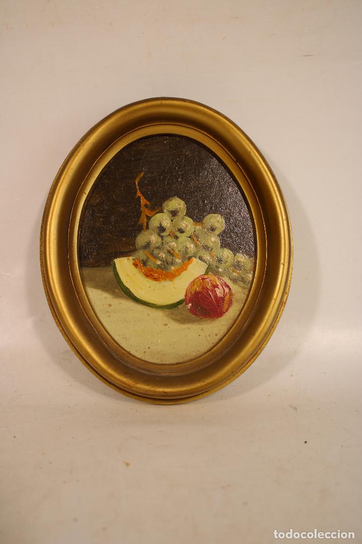 Arte: antiguo bodegon peque&ntilde;o cuadro oval pintado a mano