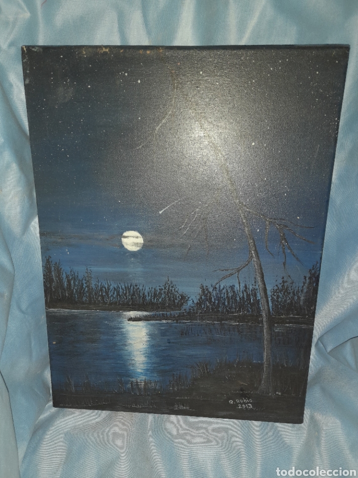 Arte: OLEO SOBRE LIENZO FIRMADO R.RUBIO 2013 PAISAJE ESCENA NOCHE LUNA JUNCOS LAGO ARBOL AGRADECE INFORMAC