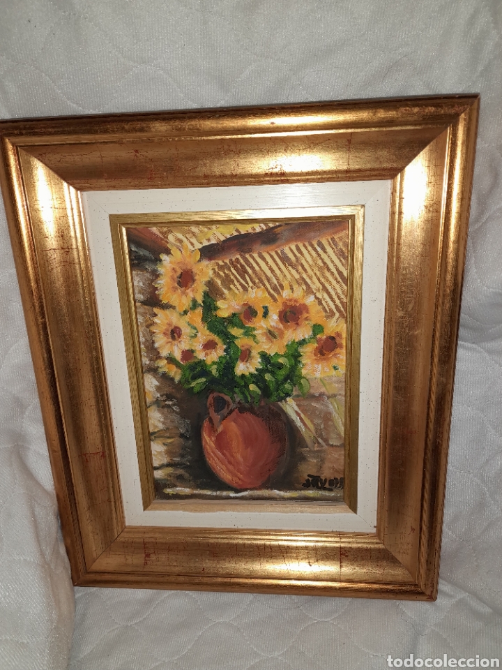 Arte: OLEO SOBRE LIENZO BODEGON GIRASOLES JARRON FIRMADO ILEGIBLE NATURALEZA MUERTA AGRADECE INFORMACI&Oacute;N