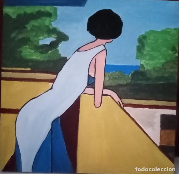 la mujer del balcón tabla 40x40 mixta - Comprar Pintura a Óleo