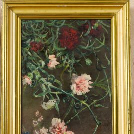 Pintura de óleo sobre lienzo. Firma María de Lacalle? S. XIX, 1885?. Florero de rosas de 67 x 37 cm
