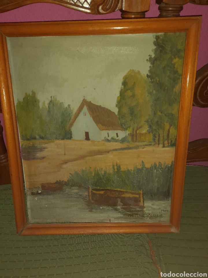 Arte: ANTIGUO OLEO SOBRE LIENZO BARRACA LAGO BARCA PAISAJE BOSQUE FIRMADO CRISTINA ASENSIO 1984