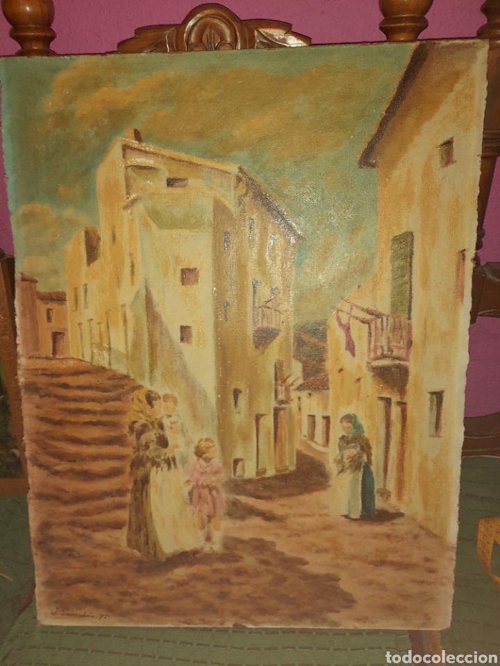Arte: OLEO SOBRE TABLA PAISAJE CASA PUEBLO MUJER NI&Ntilde;AS J.SANCHIS ? JUAN SANCHIS? AGRADECE INFORMACION
