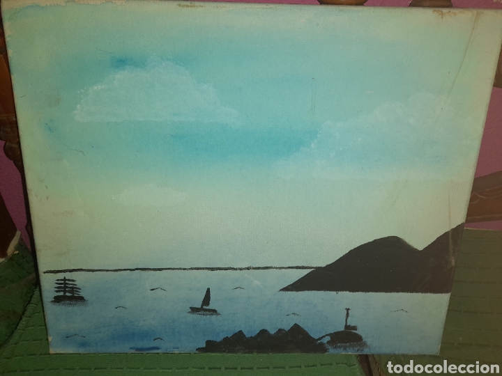 Arte: OLEO SOBRE LIENZO PAISAJE BARCAS MAR MONTA&Ntilde;AS SIN FIRMA APARENTE RESTAURAR