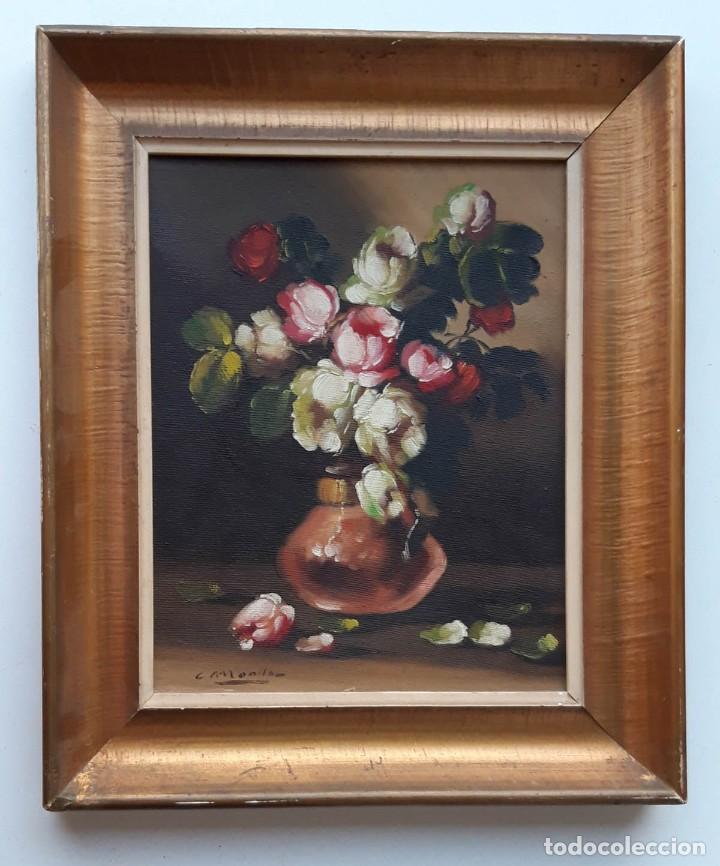 Art: Oleo sobre cart&oacute;n flores firmado C. Monllor a&ntilde;os 50