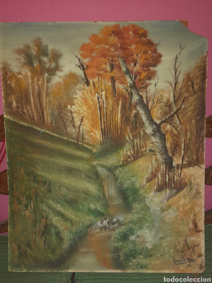 Arte: GRAN OLEO SOBRE TABLA 1959 FIRMADO IGNACIO FERN&Aacute;NDEZ PAISAJE ARBOLES RIO RESTAURAR SE AGRADECE INFO