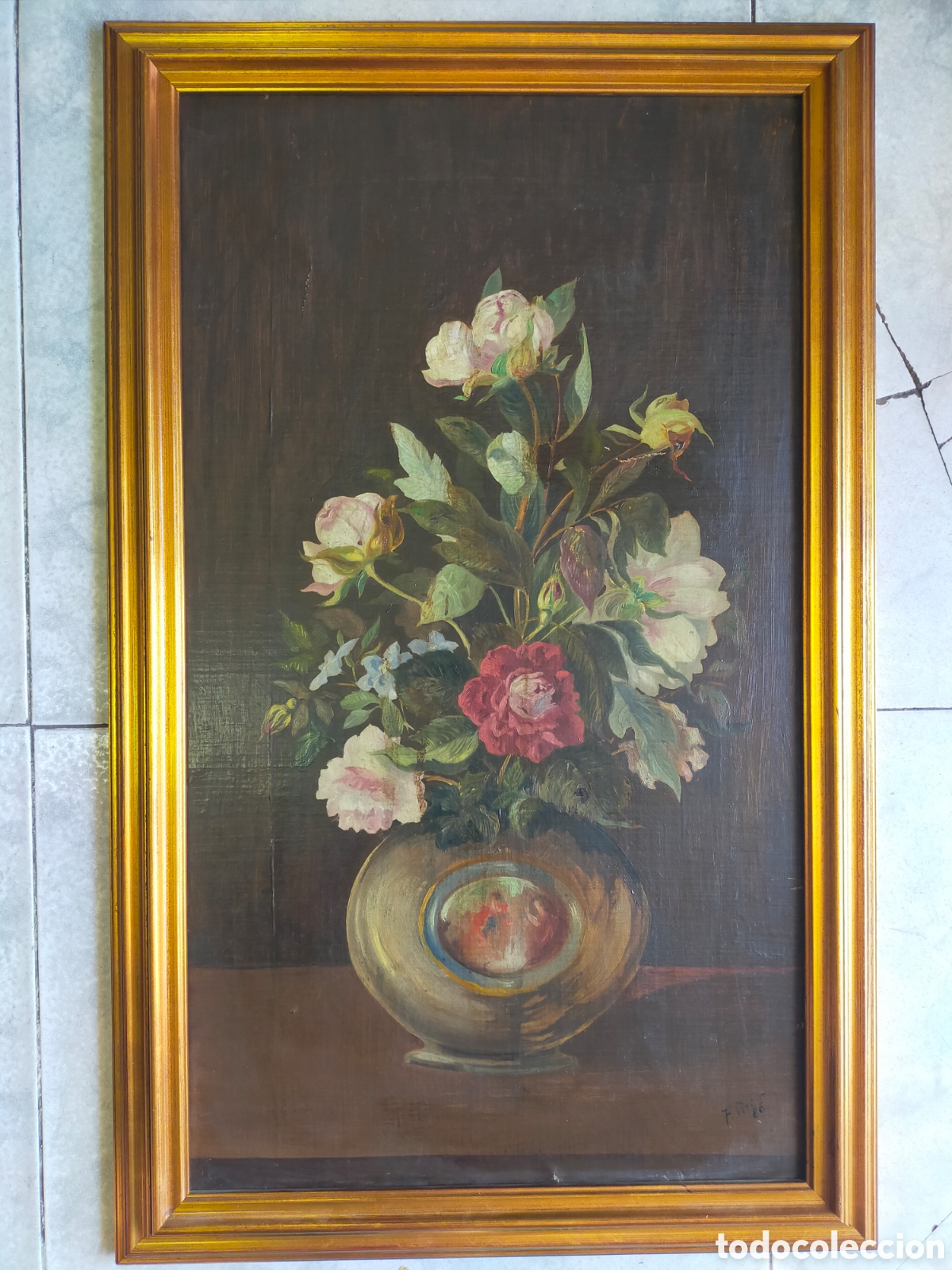 Kunst: FLORES EN JARRON. OLEO SOBRE TABLEX. FIRMADO Y FECHADO. F. RIOS 86. MARCO DE MADERA.