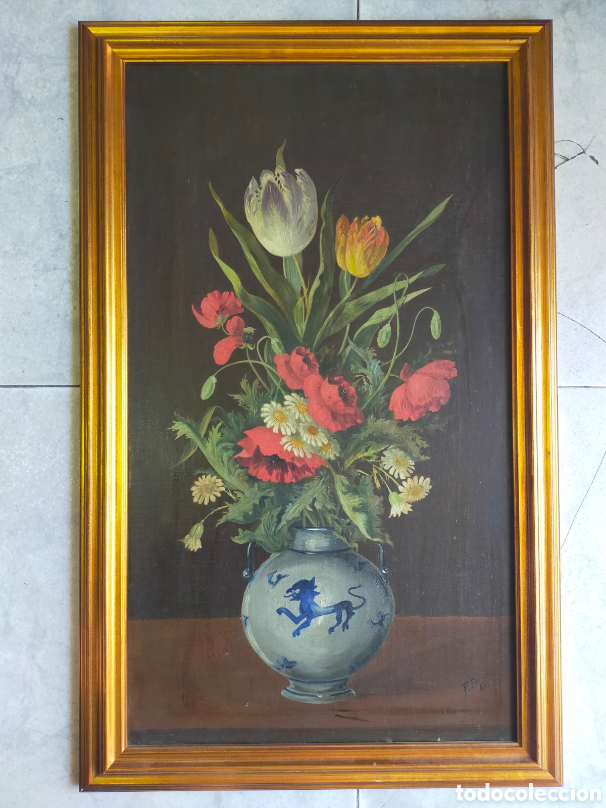 Kunst: FLORES EN JARRON. OLEO SOBRE TABLEX. FIRMADO Y FECHADO. F. RIOS 86. MARCO DE MADERA DORADO.