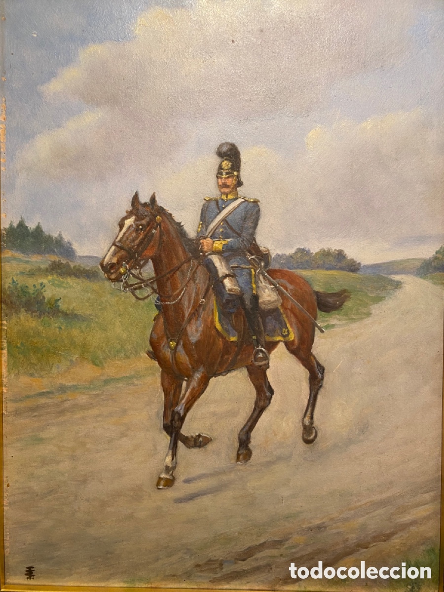 Arte: &Oacute;leo sobre tabla de militar a caballo . - Foto 2