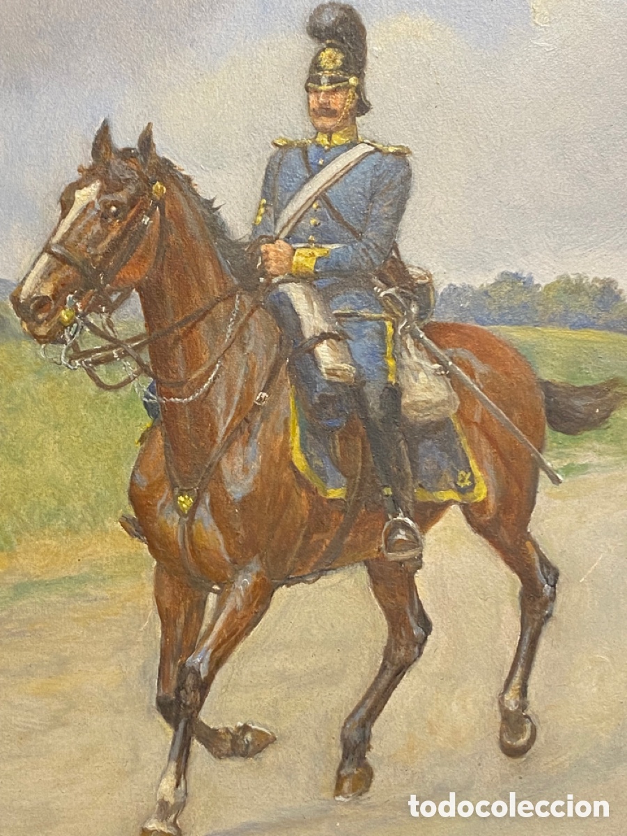 Arte: &Oacute;leo sobre tabla de militar a caballo . - Foto 3