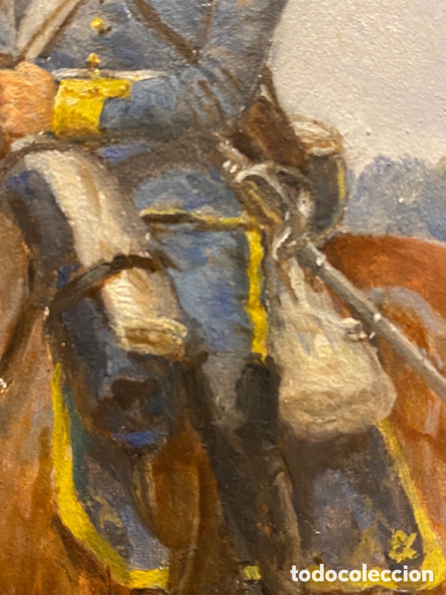 Arte: &Oacute;leo sobre tabla de militar a caballo . - Foto 4