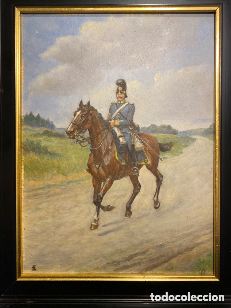 Arte: &Oacute;leo sobre tabla de militar a caballo . - Foto 1